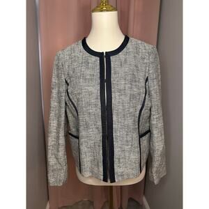 EUC J. Crew Women’s Navy Tweed Collarless Cropped Blazer Sz 14 Pockets Hook Eye